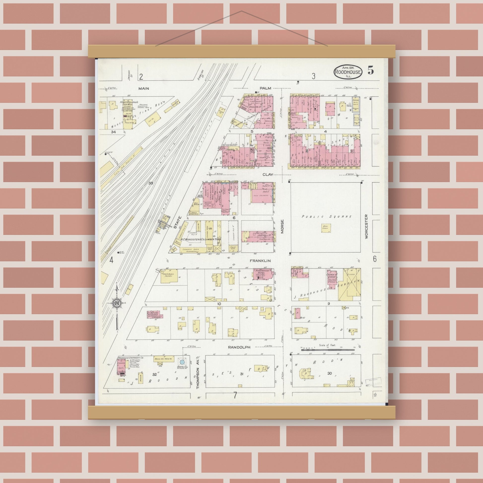 Old map wall art mockup — magnetic wood frame on brick wall — Sanborn Fire Insurance Map from Roodhouse, Greene County, Illinois (1914), Sheet #0005