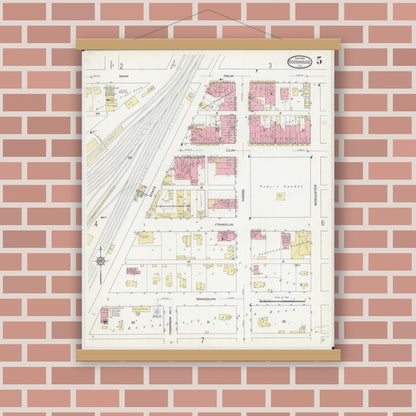 Old map wall art mockup — magnetic wood frame on brick wall — Sanborn Fire Insurance Map from Roodhouse, Greene County, Illinois (1914), Sheet #0005