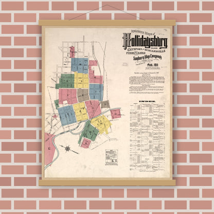 Old map wall art mockup — magnetic wood frame on brick wall — Sanborn Fire Insurance Map from Hollidaysburg, Blair County, Pennsylvania (1911), Sheet #0001