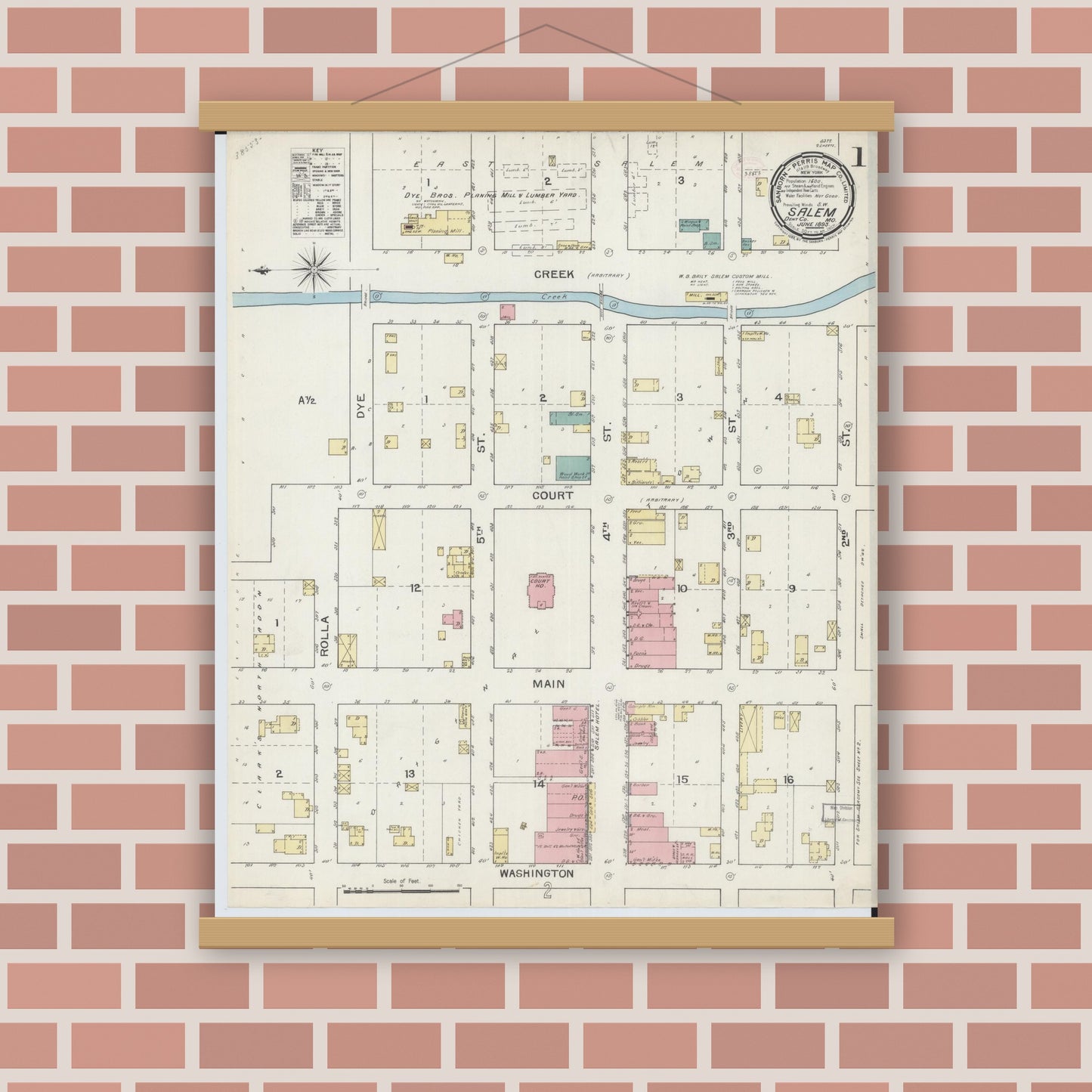 Old map wall art mockup — magnetic wood frame on brick wall — Sanborn Fire Insurance Map from Salem, Dent County, Missouri (1893), Sheet #0001