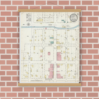 Old map wall art mockup — magnetic wood frame on brick wall — Sanborn Fire Insurance Map from Salem, Dent County, Missouri (1893), Sheet #0001