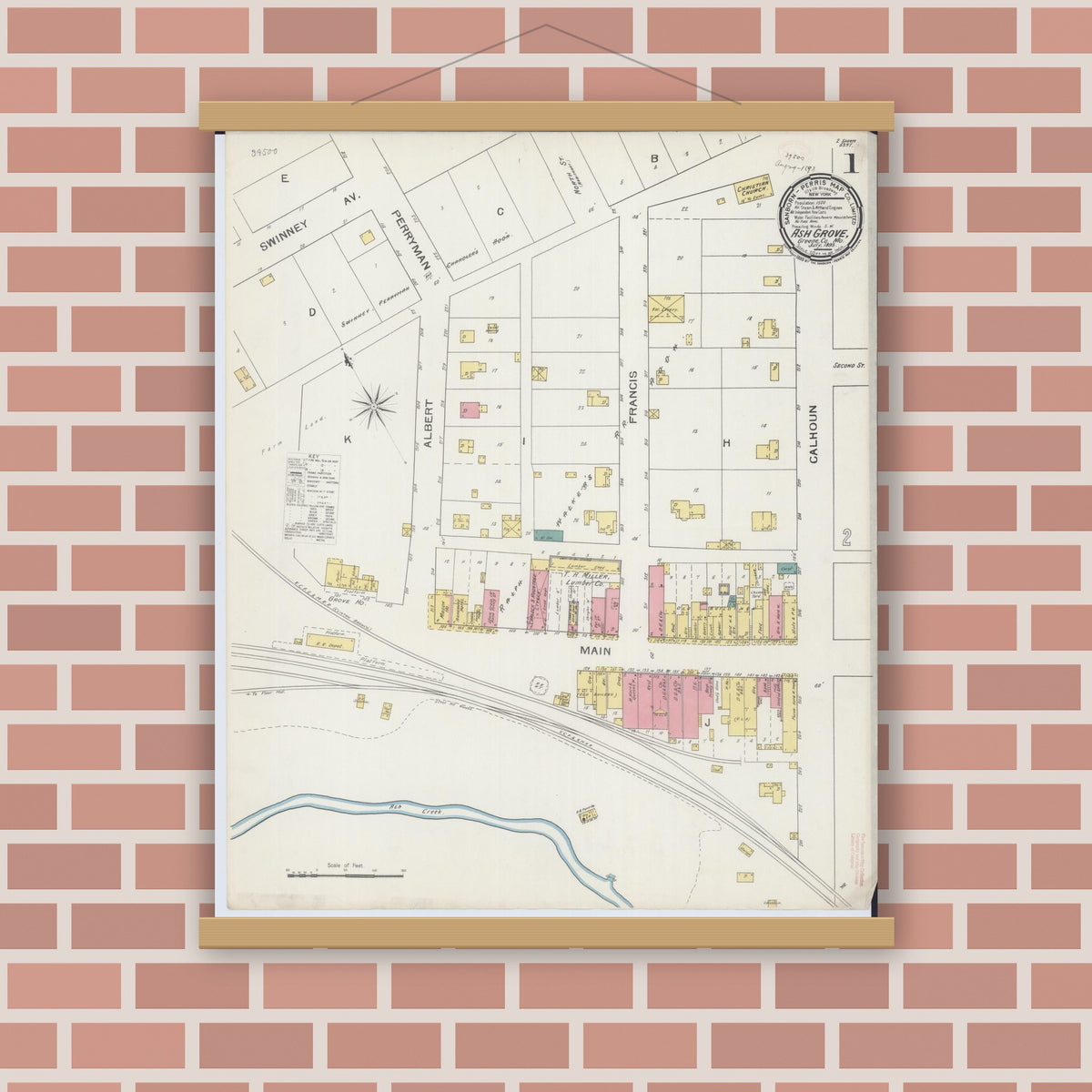 Old map wall art mockup — magnetic wood frame on brick wall — Sanborn Fire Insurance Map from Ash Grove, Greene County, Missouri (1893) - Complete Map Set