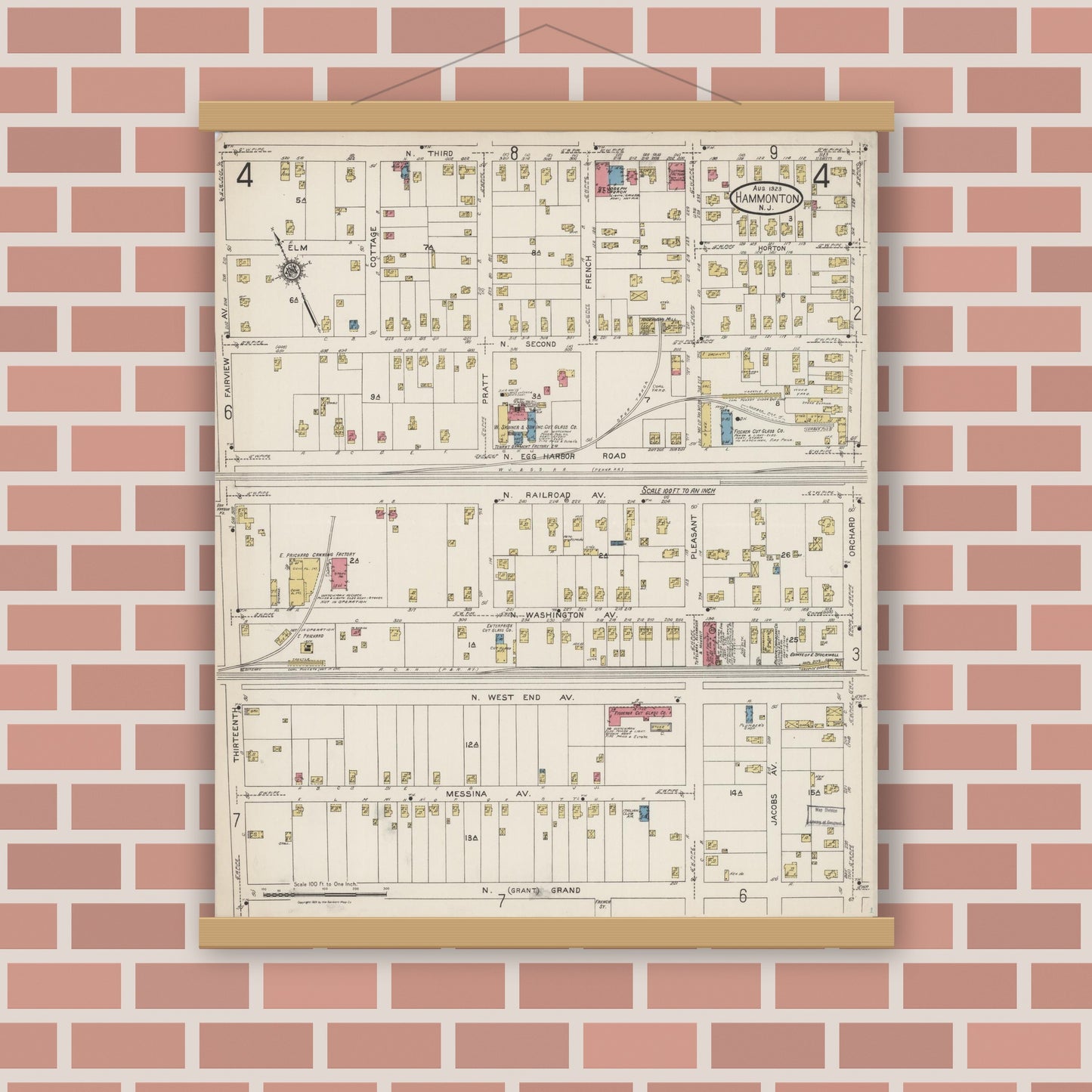 Old map wall art mockup — magnetic wood frame on brick wall — Sanborn Fire Insurance Map from Hammonton, Atlantic County, New Jersey (1923), Sheet #0004