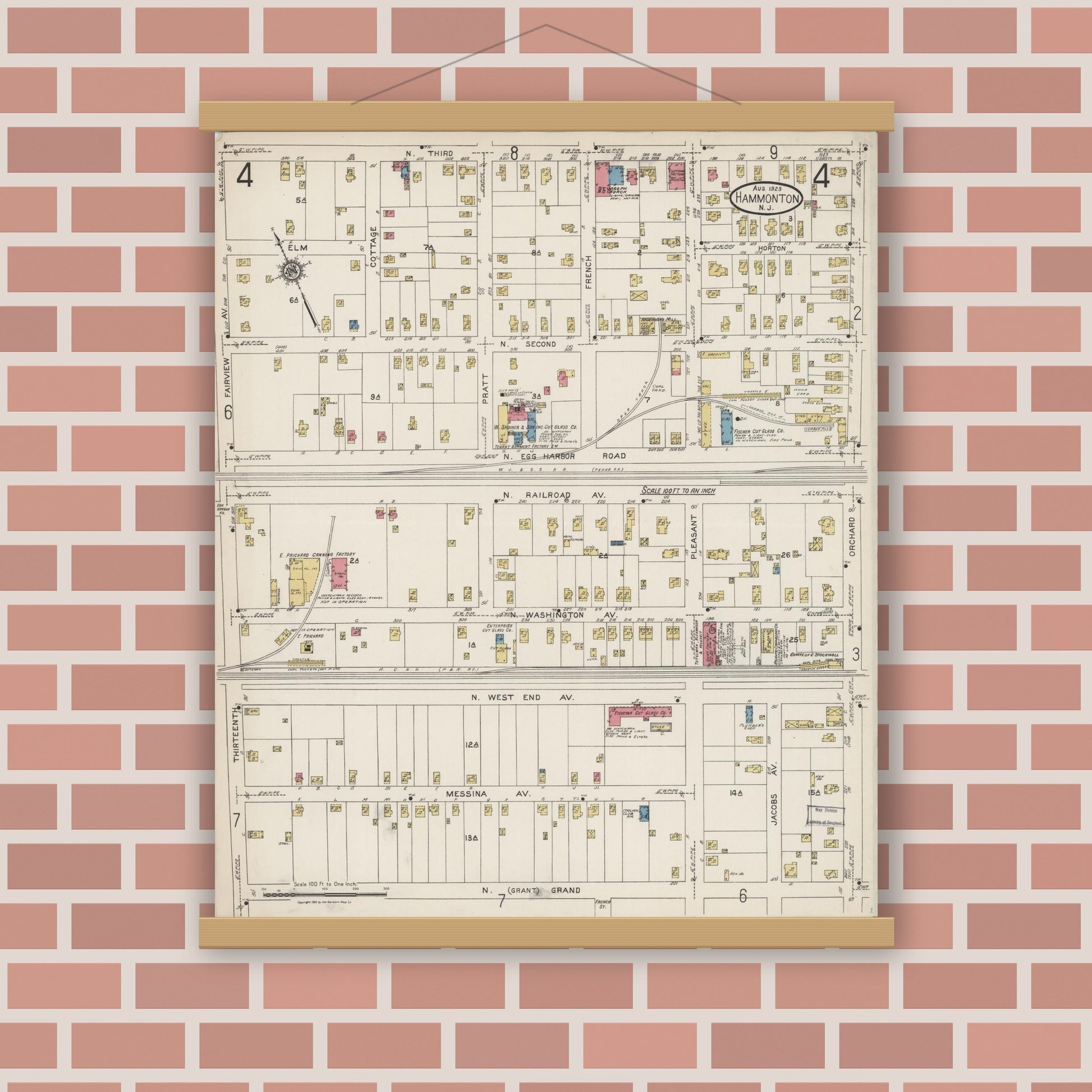 Old map wall art mockup — magnetic wood frame on brick wall — Sanborn Fire Insurance Map from Hammonton, Atlantic County, New Jersey (1923), Sheet #0004