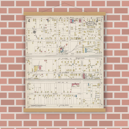 Old map wall art mockup — magnetic wood frame on brick wall — Sanborn Fire Insurance Map from Hammonton, Atlantic County, New Jersey (1923), Sheet #0004