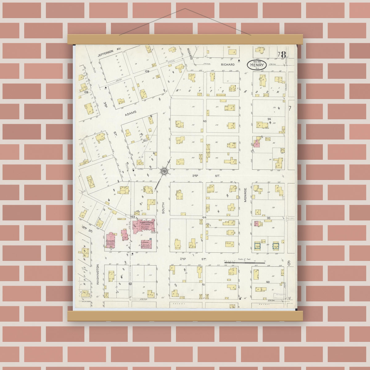 Old map wall art mockup — magnetic wood frame on brick wall — Sanborn Fire Insurance Map from Henry, Marshall County, Illinois (1913), Sheet #0008