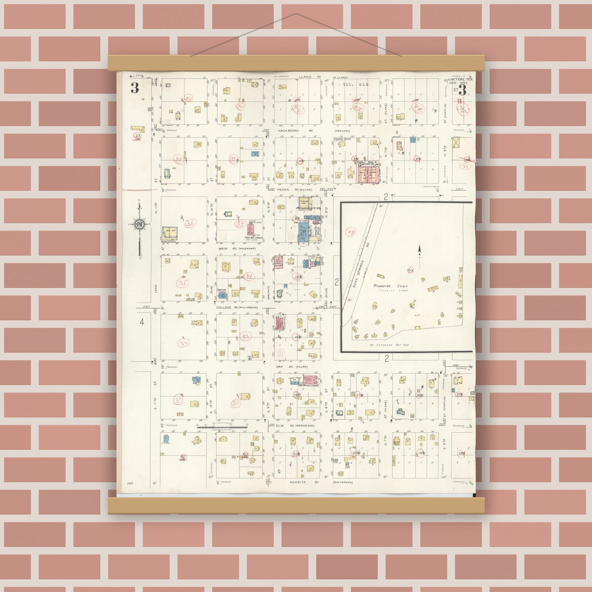 Old map wall art mockup — magnetic wood frame on brick wall — Sanborn Fire Insurance Map from Junction, Kimble County, Texas (1942), Sheet #0003