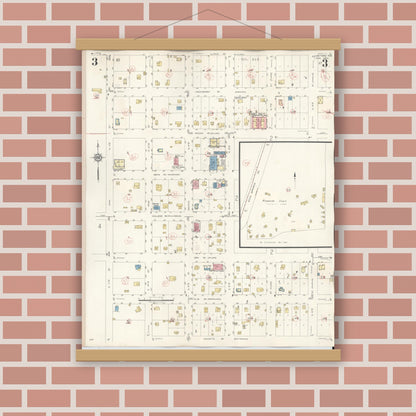 Old map wall art mockup — magnetic wood frame on brick wall — Sanborn Fire Insurance Map from Junction, Kimble County, Texas (1942), Sheet #0003