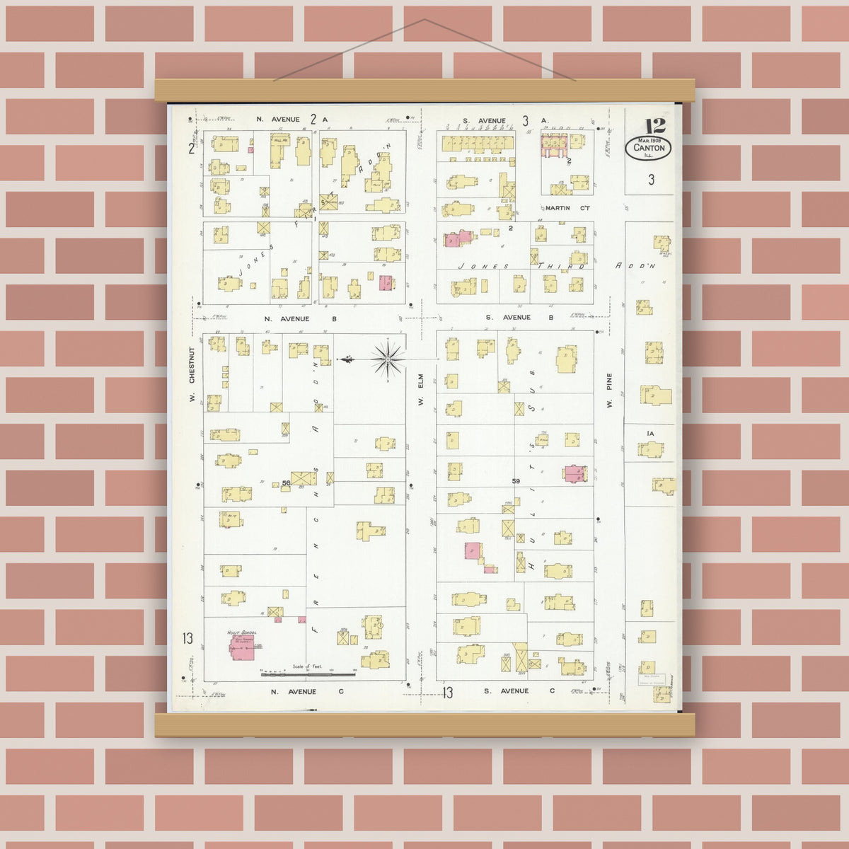 Old map wall art mockup — magnetic wood frame on brick wall — Sanborn Fire Insurance Map from Canton, Fulton County, Illinois (1909), Sheet #0012