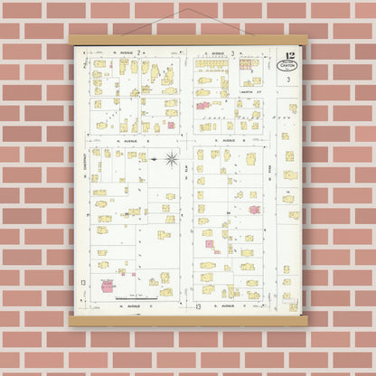 Old map wall art mockup — magnetic wood frame on brick wall — Sanborn Fire Insurance Map from Canton, Fulton County, Illinois (1909), Sheet #0012