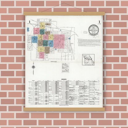 Old map wall art mockup — magnetic wood frame on brick wall — Sanborn Fire Insurance Map from Maryville, Nodaway County, Missouri (1925) - Complete Map Set