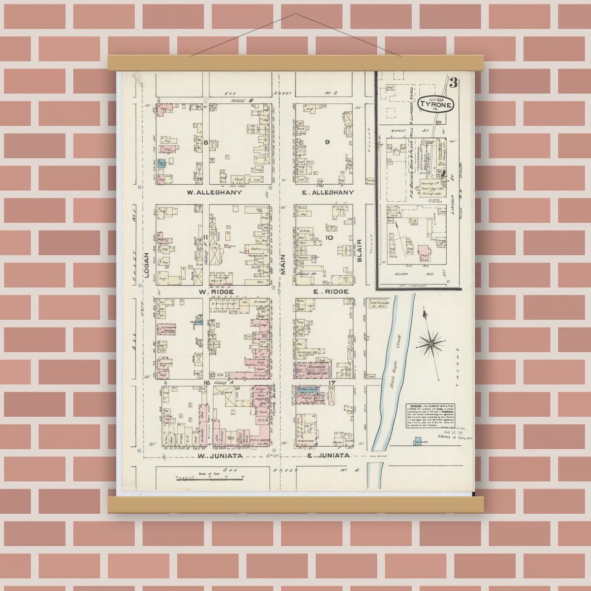 Old map wall art mockup — magnetic wood frame on brick wall — Sanborn Fire Insurance Map from Tyrone, Blair County, Pennsylvania (1884), Sheet #0003