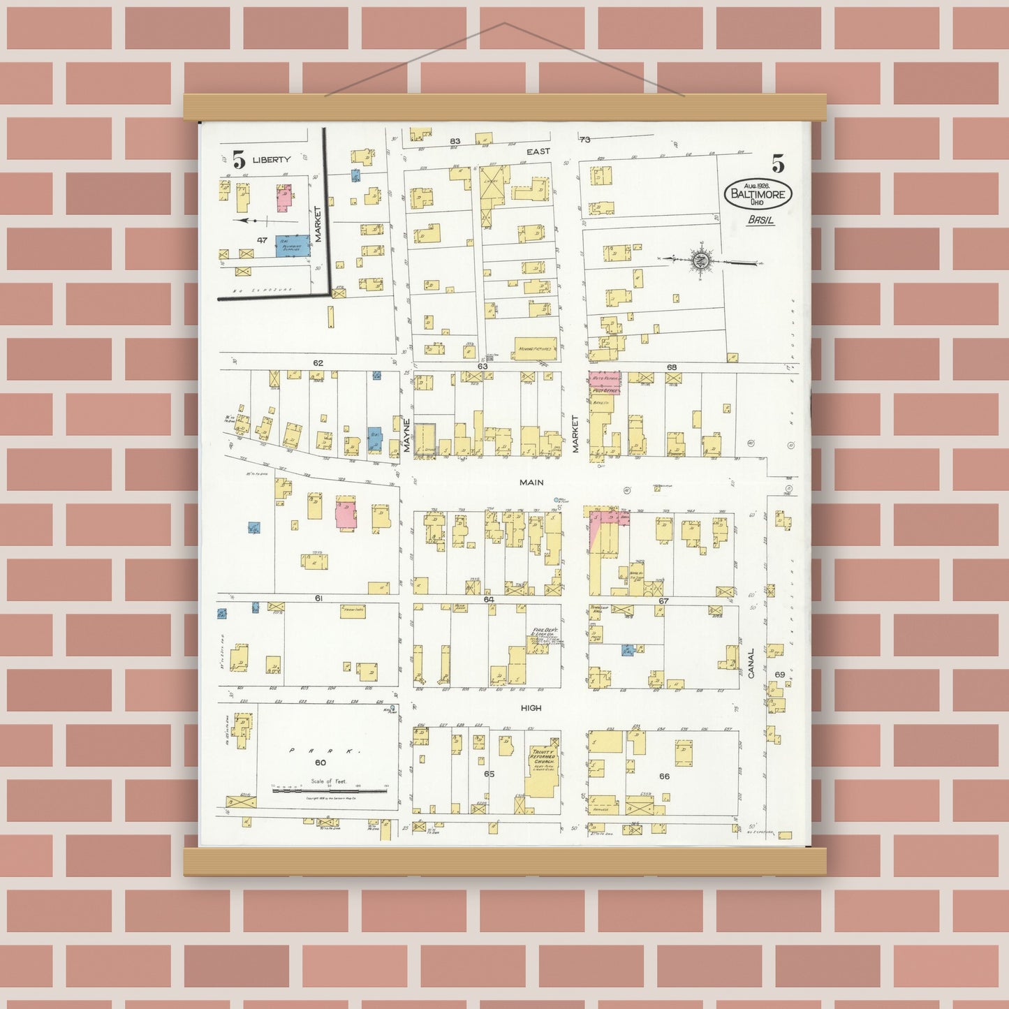 Old map wall art mockup — magnetic wood frame on brick wall — Sanborn Fire Insurance Map from Baltimore, Fairfield County, Ohio (1926), Sheet #0005