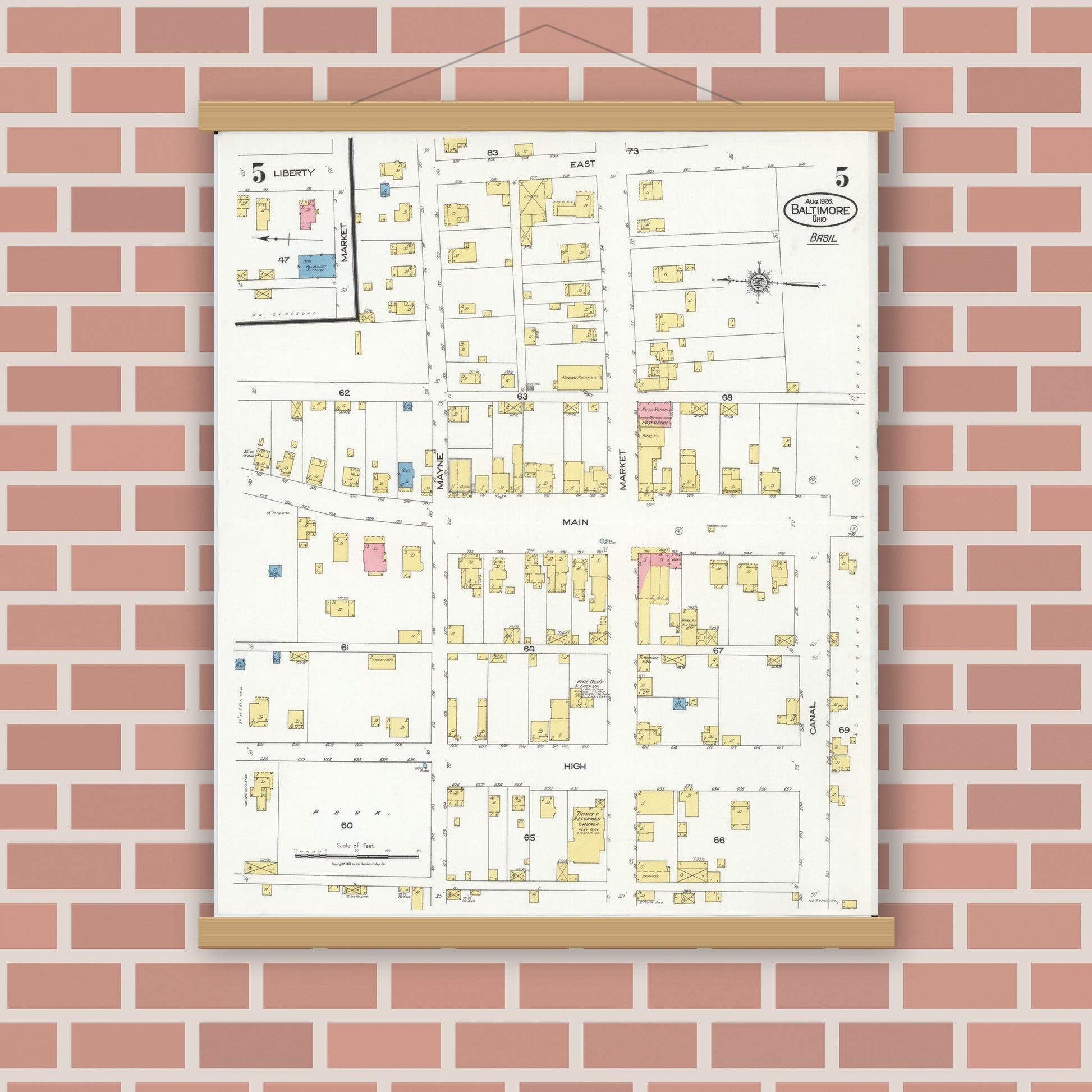 Old map wall art mockup — magnetic wood frame on brick wall — Sanborn Fire Insurance Map from Baltimore, Fairfield County, Ohio (1926), Sheet #0005