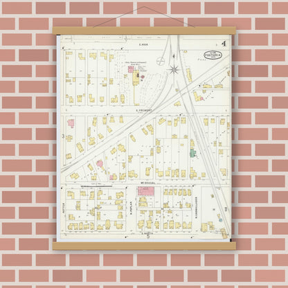 Old map wall art mockup — magnetic wood frame on brick wall — Sanborn Fire Insurance Map from Fostoria, Seneca, Hancock, And Wood Counties, Ohio (1896), Sheet #0004
