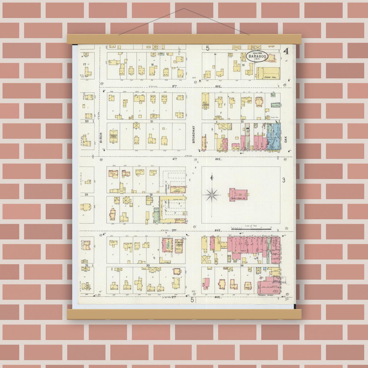 Old map wall art mockup — magnetic wood frame on brick wall — Sanborn Fire Insurance Map from Baraboo, Sauk County, Wisconsin (1898), Sheet #0004