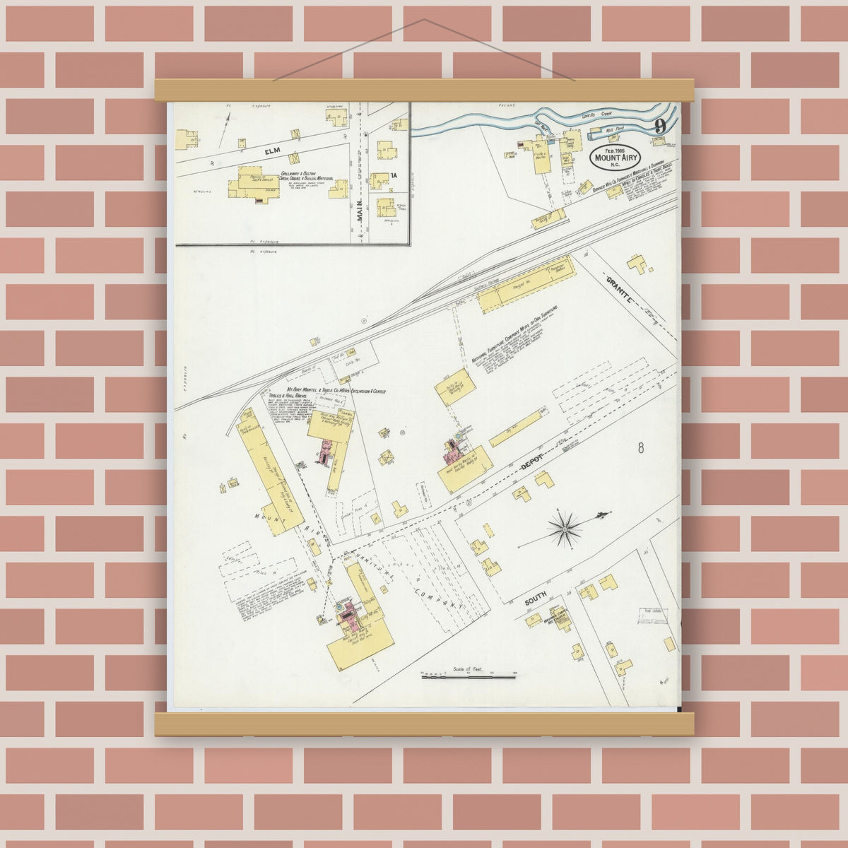 Old map wall art mockup — magnetic wood frame on brick wall — Sanborn Fire Insurance Map from Mount Airy, Surry County, North Carolina (1905), Sheet #0009