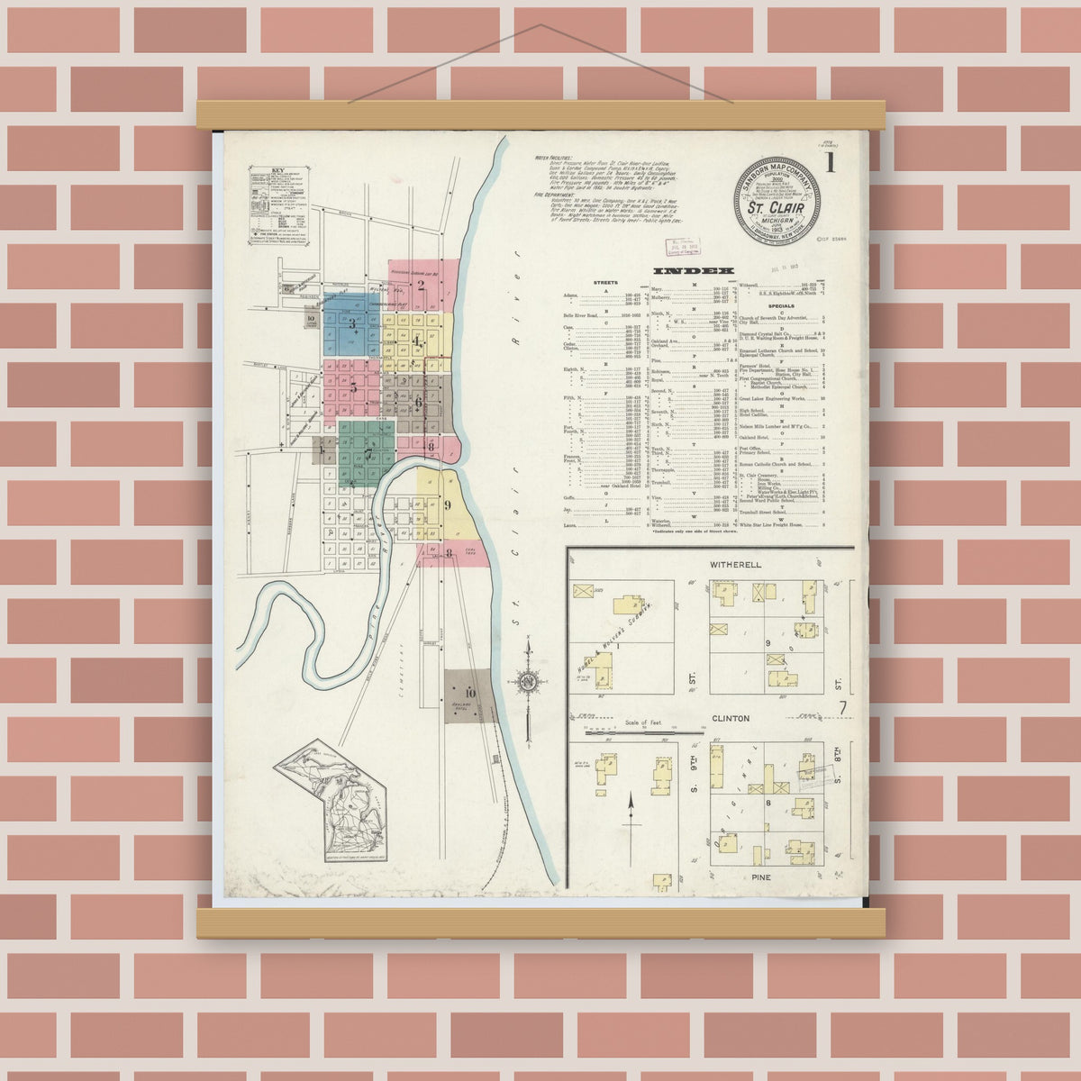 Old map wall art mockup — magnetic wood frame on brick wall — Sanborn Fire Insurance Map from Saint Clair, Saint Clair County, Michigan (1913), Sheet #0001