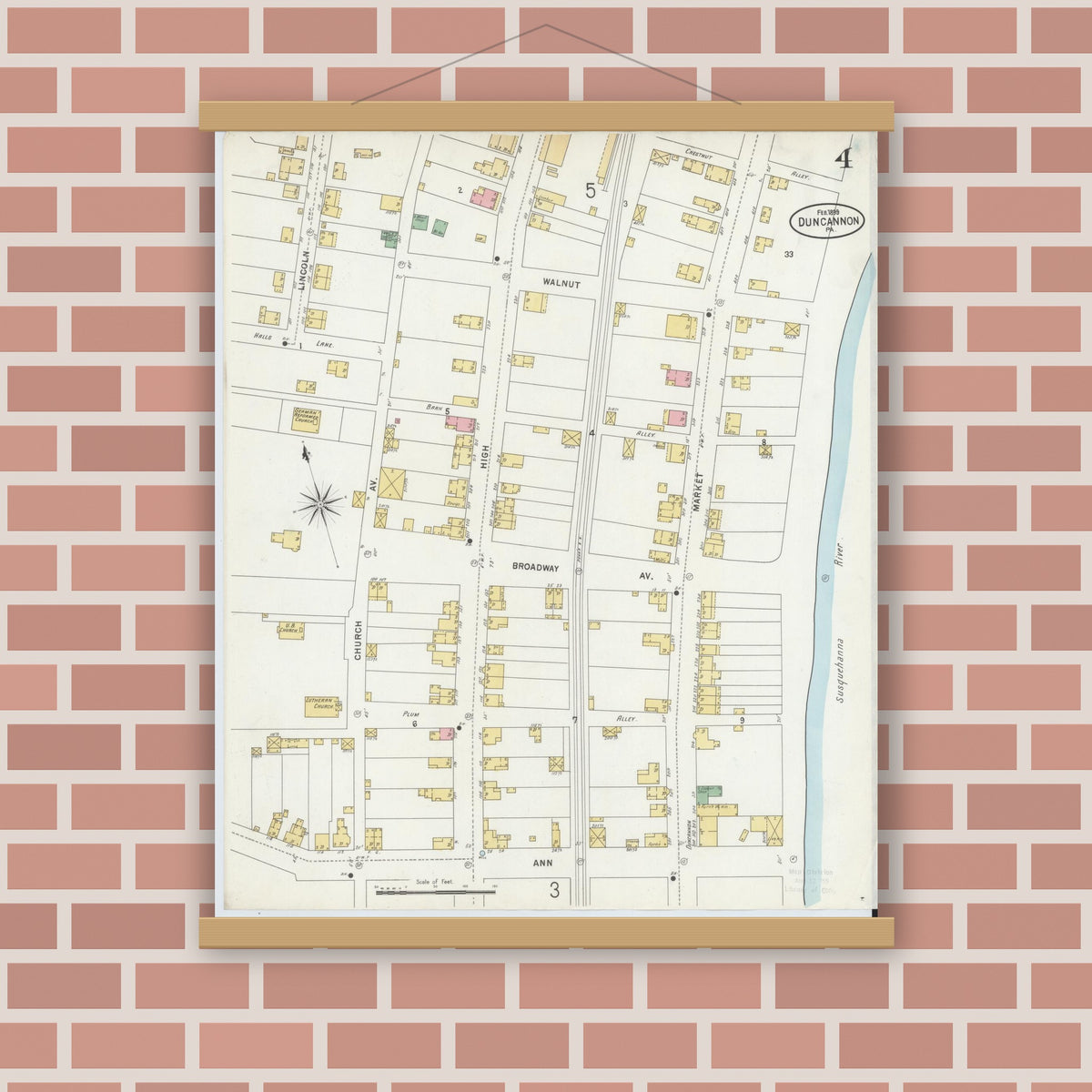 Old map wall art mockup — magnetic wood frame on brick wall — Sanborn Fire Insurance Map from Duncannon, Perry County, Pennsylvania (1899), Sheet #0004