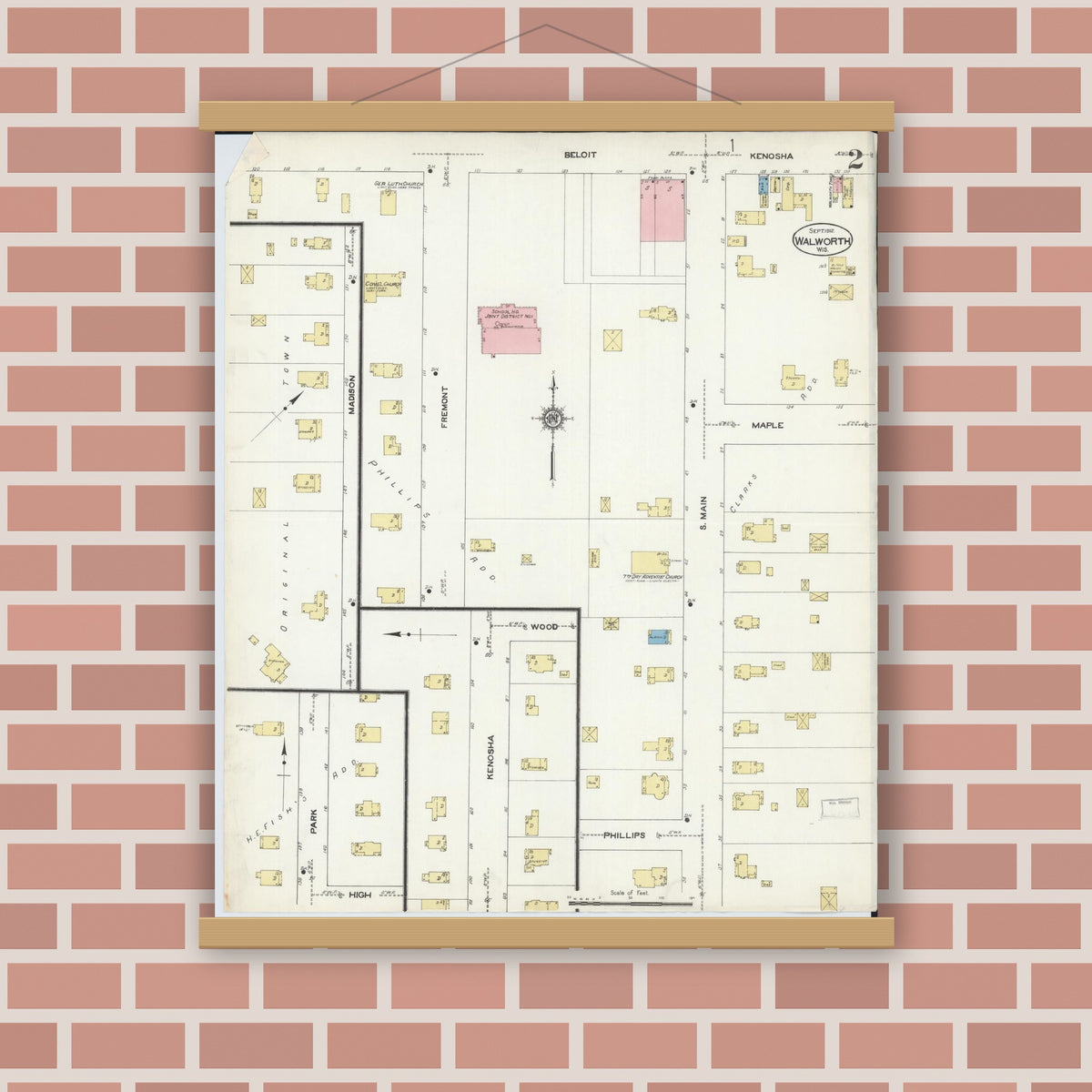 Old map wall art mockup — magnetic wood frame on brick wall — Sanborn Fire Insurance Map from Walworth, Walworth County, Wisconsin (1912), Sheet #0002