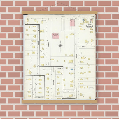 Old map wall art mockup — magnetic wood frame on brick wall — Sanborn Fire Insurance Map from Walworth, Walworth County, Wisconsin (1912), Sheet #0002