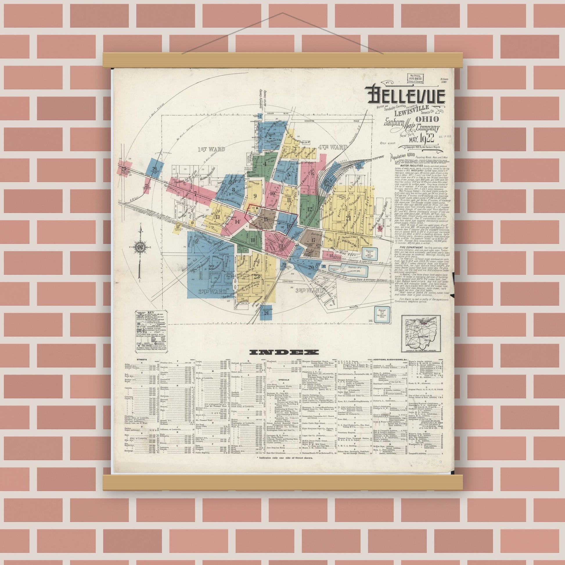Old map wall art mockup — magnetic wood frame on brick wall — Sanborn Fire Insurance Map from Bellevue, Huron And Sandusky County, Ohio (1922), Sheet #0001