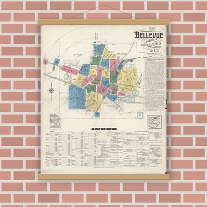 Old map wall art mockup — magnetic wood frame on brick wall — Sanborn Fire Insurance Map from Bellevue, Huron And Sandusky County, Ohio (1922), Sheet #0001