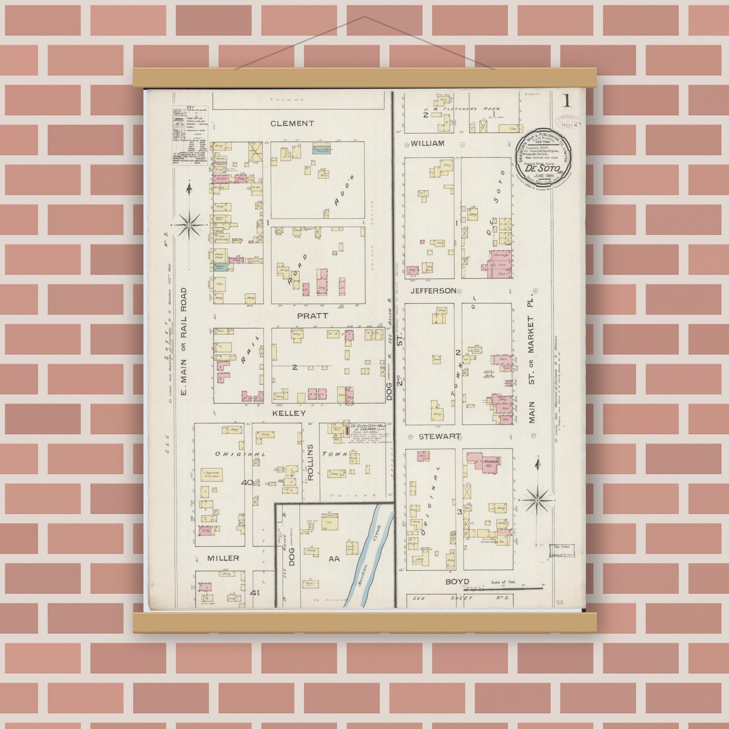 Old map wall art mockup — magnetic wood frame on brick wall — Sanborn Fire Insurance Map from De Soto, Jefferson County, Missouri (1886) - Complete Map Set