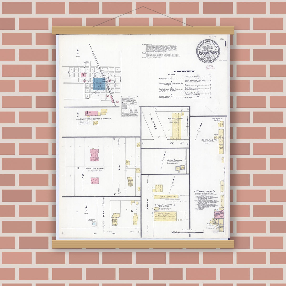 Old map wall art mockup — magnetic wood frame on brick wall — Sanborn Fire Insurance Map from Blooming Prairie, Steele County, Minnesota (1910) - Complete Map Set