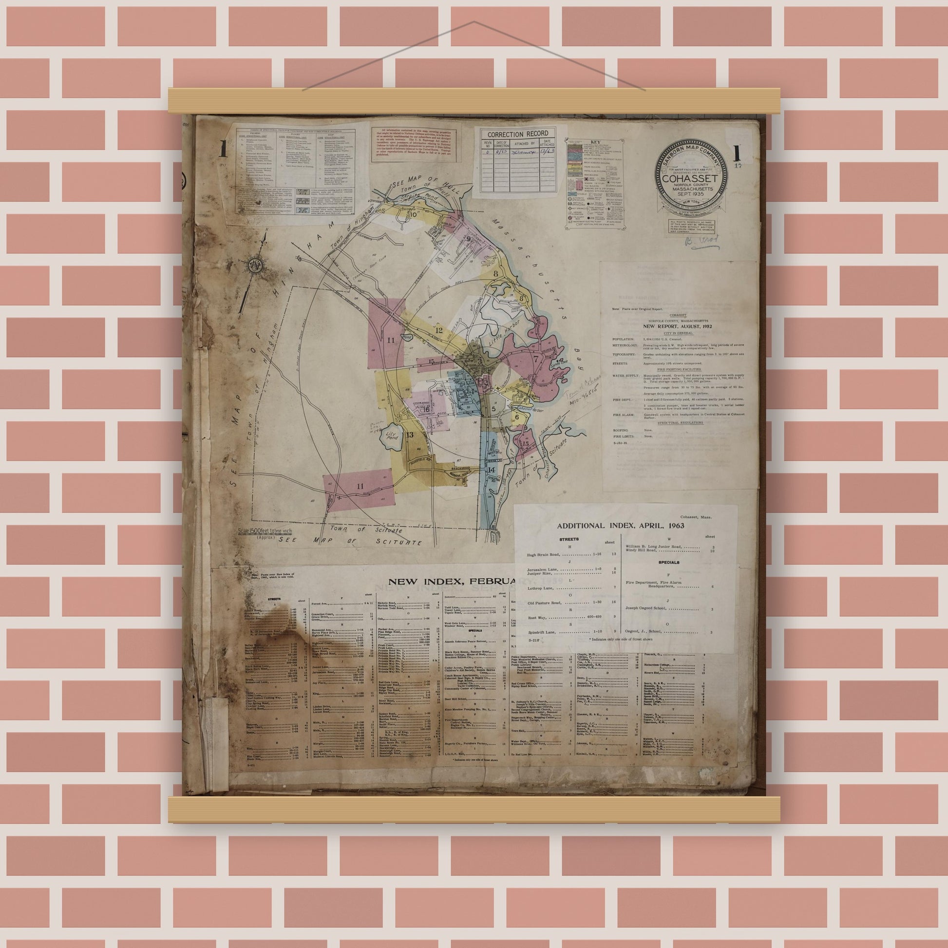 Old map wall art mockup — magnetic wood frame on brick wall — Sanborn Fire Insurance Map from Cohasset, Norfolk County, Massachusetts (1963), Sheet #0001