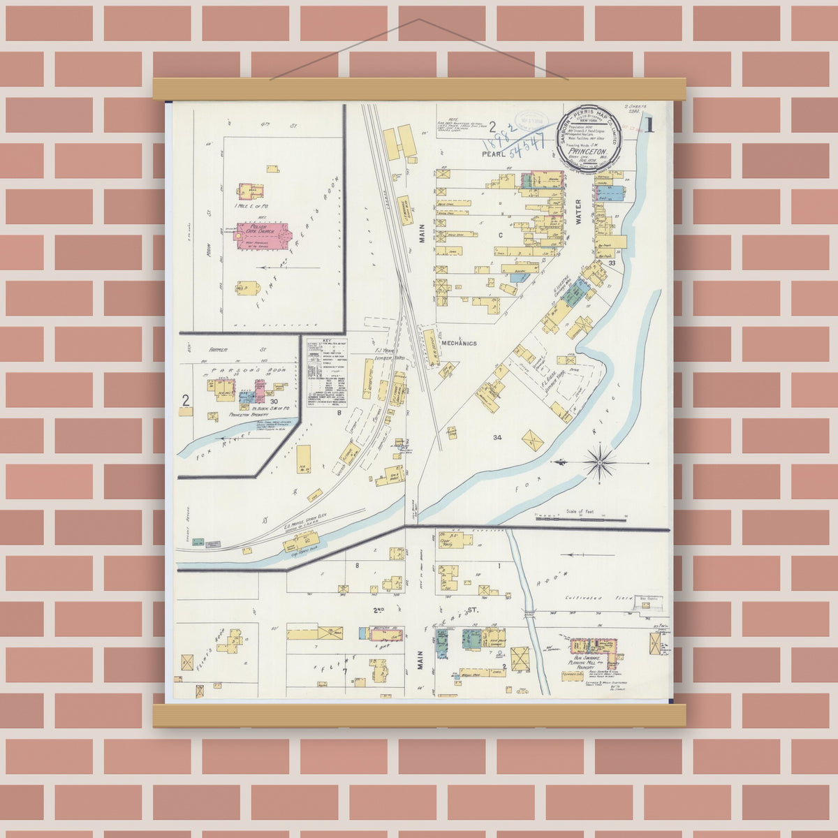Old map wall art mockup — magnetic wood frame on brick wall — Sanborn Fire Insurance Map from Princeton, Green Lake County, Wisconsin (1898) - Complete Map Set
