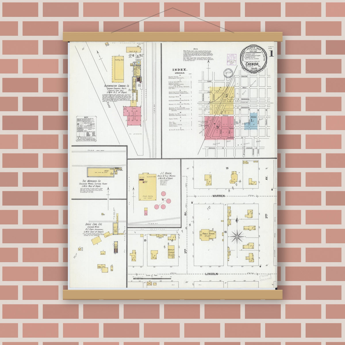 Old map wall art mockup — magnetic wood frame on brick wall — Sanborn Fire Insurance Map from Chenoa, McLean County, Illinois (1901) - Complete Map Set