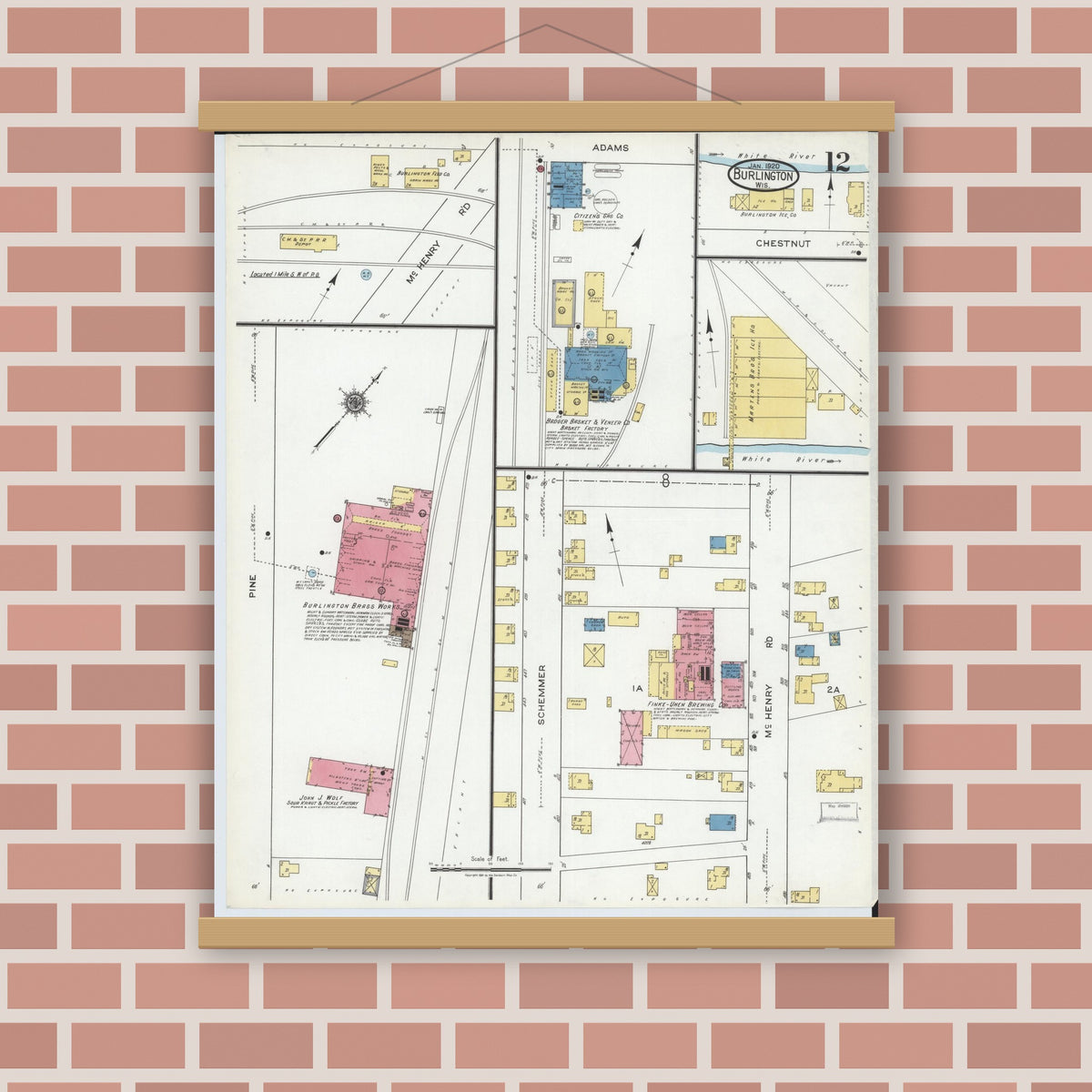 Old map wall art mockup — magnetic wood frame on brick wall — Sanborn Fire Insurance Map from Burlington, Racine County, Wisconsin (1920), Sheet #0012