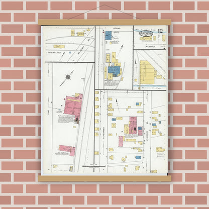 Old map wall art mockup — magnetic wood frame on brick wall — Sanborn Fire Insurance Map from Burlington, Racine County, Wisconsin (1920), Sheet #0012