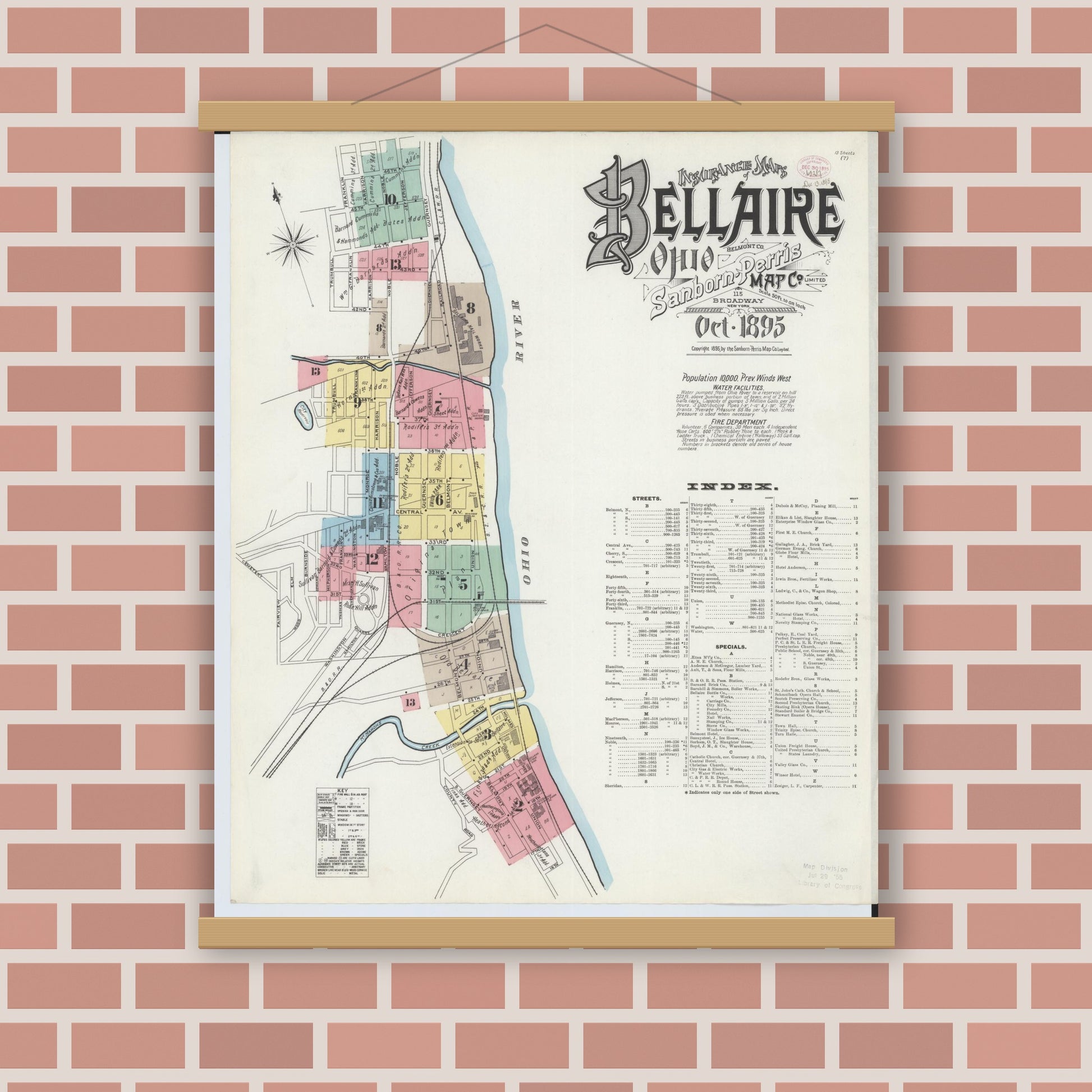 Old map wall art mockup — magnetic wood frame on brick wall — Sanborn Fire Insurance Map from Bellaire, Belmont County, Ohio (1895), Sheet #0001