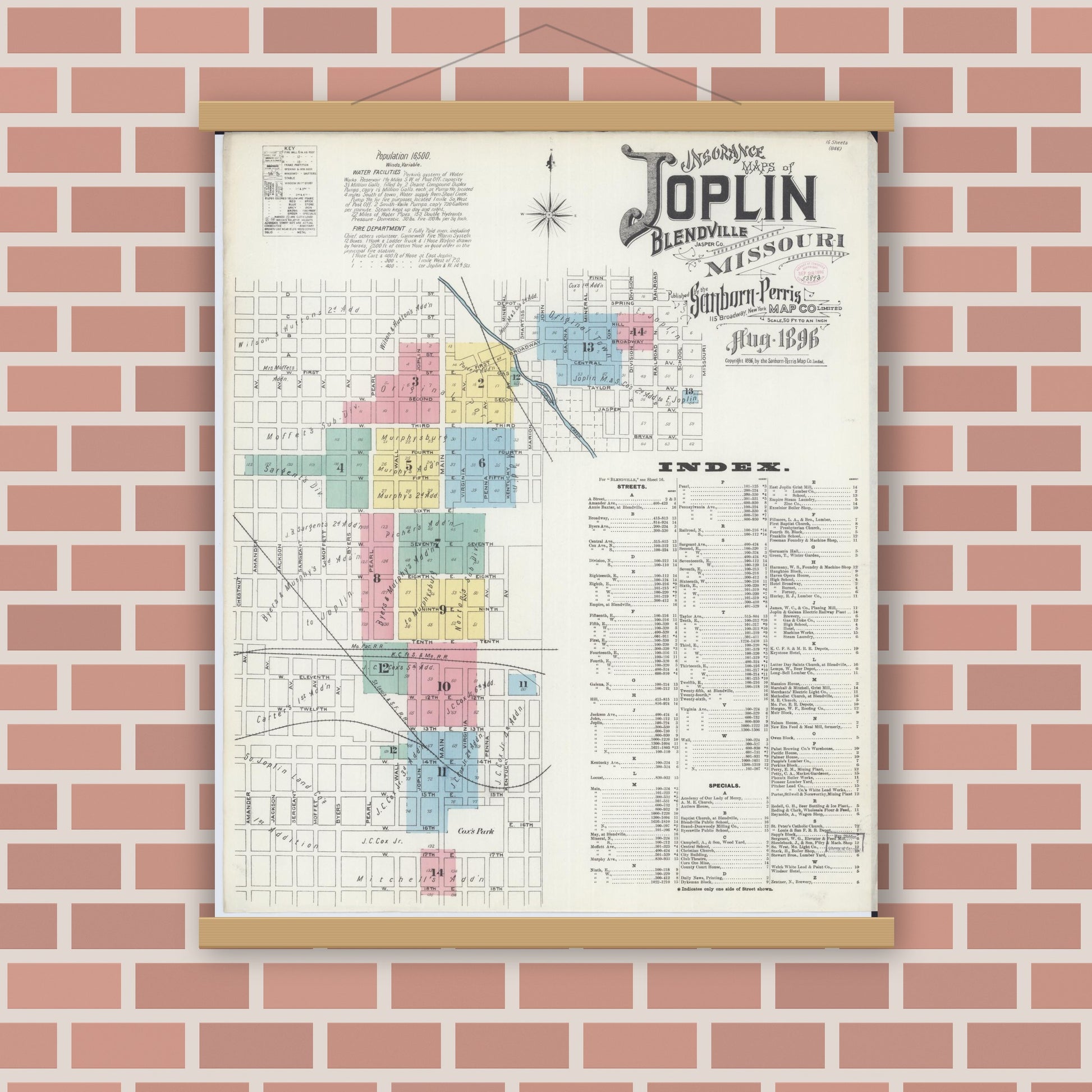 Old map wall art mockup — magnetic wood frame on brick wall — Sanborn Fire Insurance Map from Joplin, Jasper County, Missouri (1896), Sheet #0001
