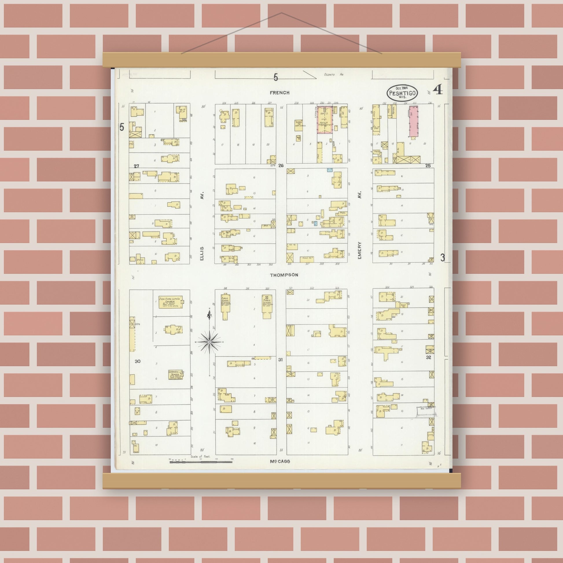 Old map wall art mockup — magnetic wood frame on brick wall — Sanborn Fire Insurance Map from Peshtigo, Marinette County, Wisconsin (1904), Sheet #0004