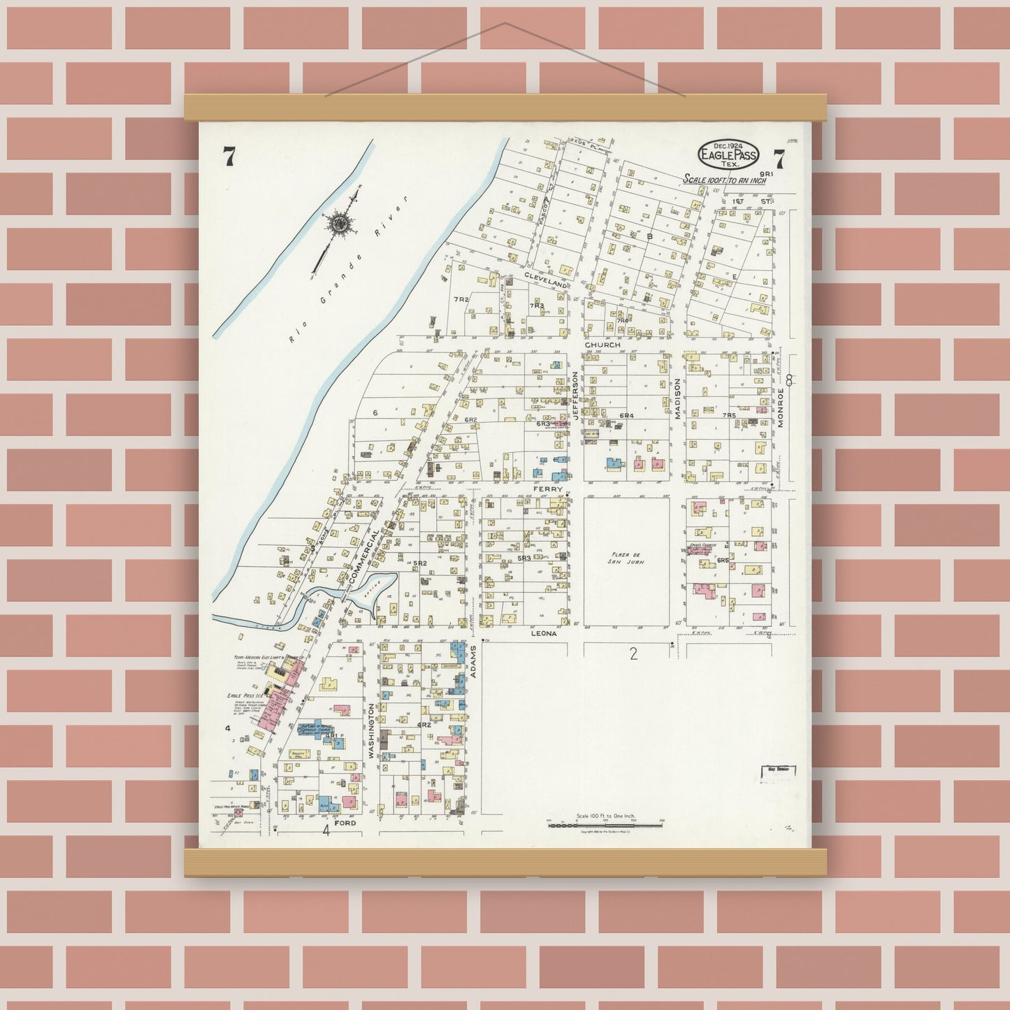 Old map wall art mockup — magnetic wood frame on brick wall — Sanborn Fire Insurance Map from Eagle Pass, Maverick County, Texas (1924), Sheet #0007