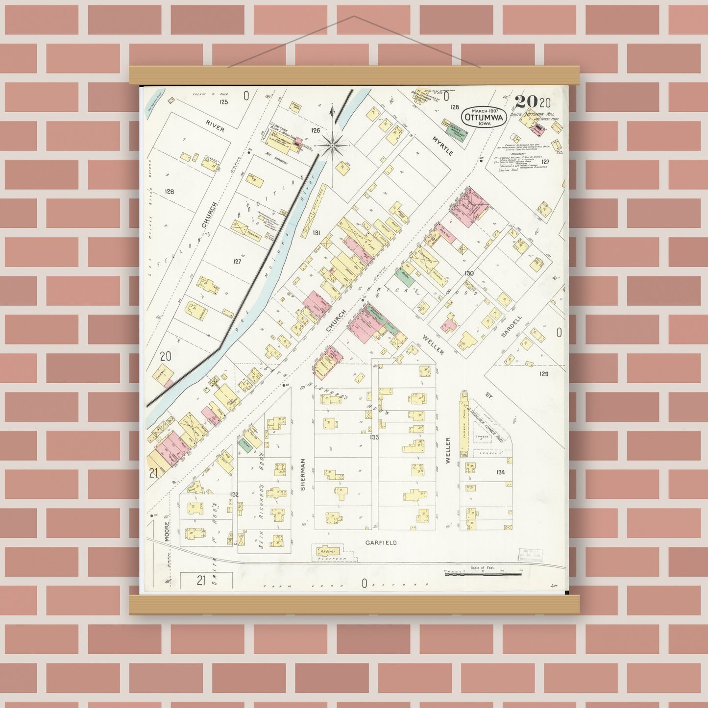 Old map wall art mockup — magnetic wood frame on brick wall — Sanborn Fire Insurance Map from Ottumwa, Wapello County, Iowa (1897), Sheet #0020