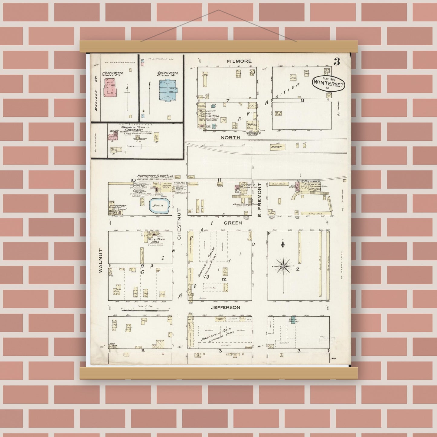 Old map wall art mockup — magnetic wood frame on brick wall — Sanborn Fire Insurance Map from Winterset, Madison County, Iowa (1886), Sheet #0003