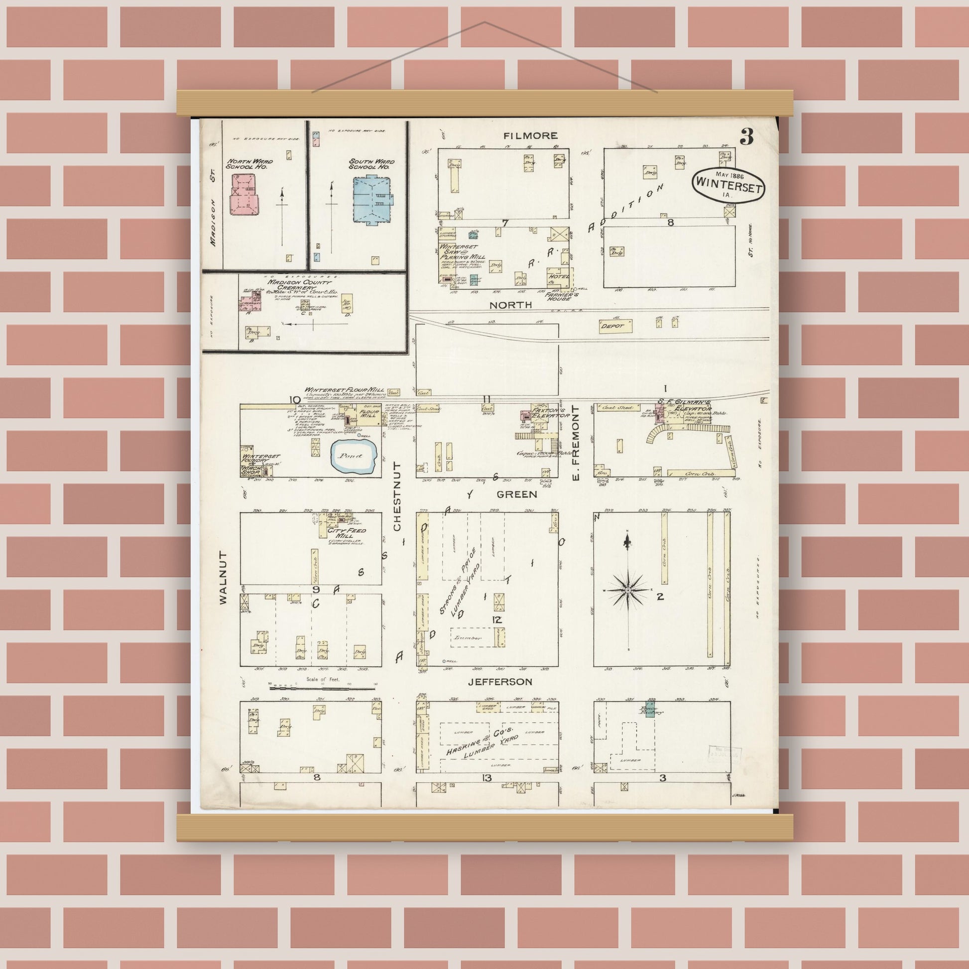 Old map wall art mockup — magnetic wood frame on brick wall — Sanborn Fire Insurance Map from Winterset, Madison County, Iowa (1886), Sheet #0003