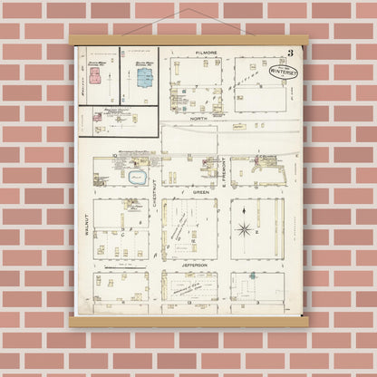 Old map wall art mockup — magnetic wood frame on brick wall — Sanborn Fire Insurance Map from Winterset, Madison County, Iowa (1886), Sheet #0003