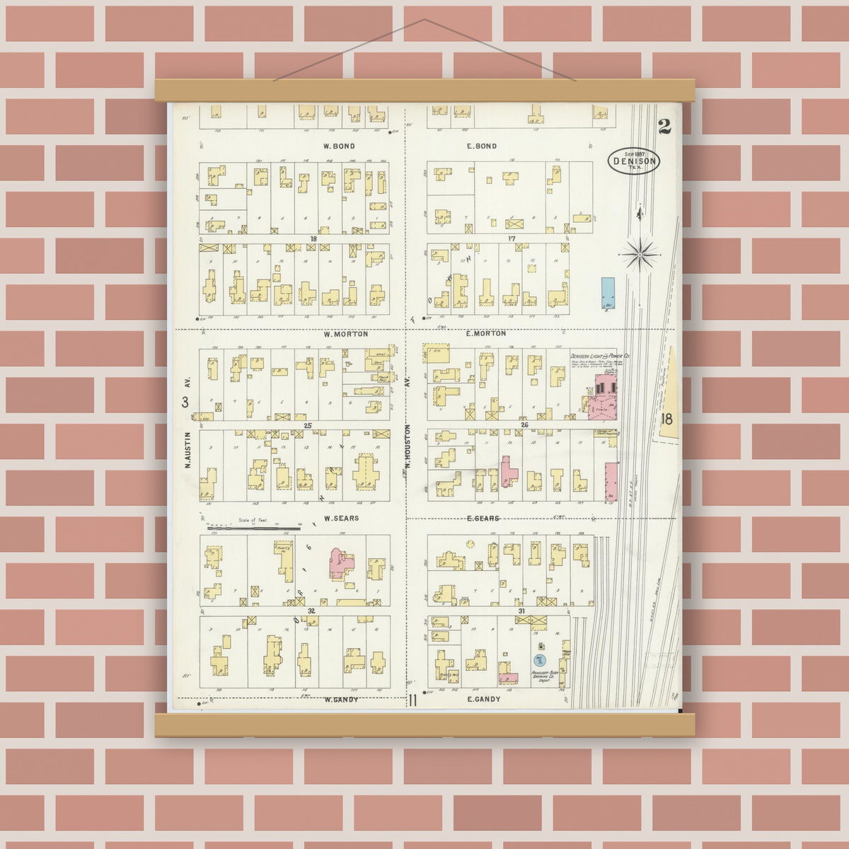 Old map wall art mockup — magnetic wood frame on brick wall — Sanborn Fire Insurance Map from Denison, Grayson County, Texas (1897), Sheet #0002