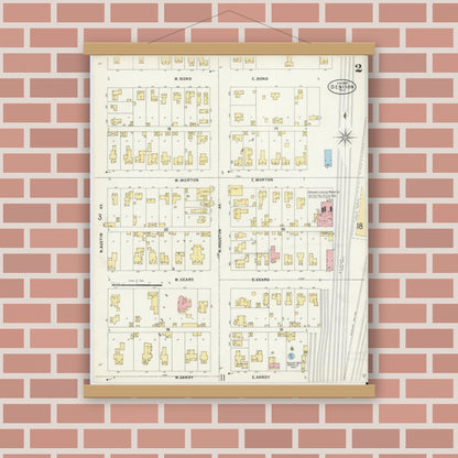 Old map wall art mockup — magnetic wood frame on brick wall — Sanborn Fire Insurance Map from Denison, Grayson County, Texas (1897), Sheet #0002