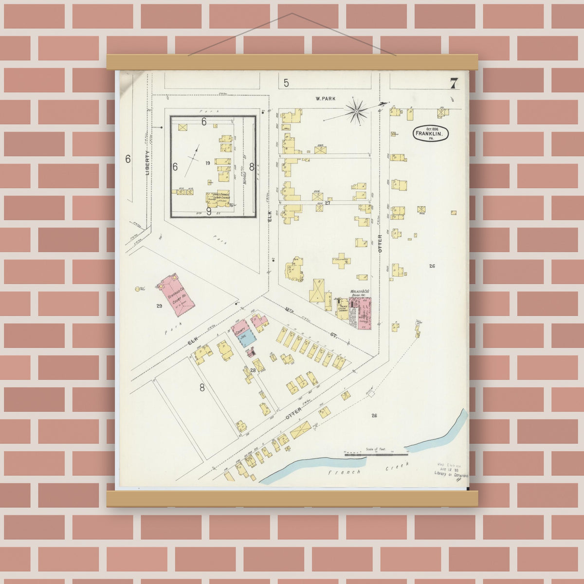 Old map wall art mockup — magnetic wood frame on brick wall — Sanborn Fire Insurance Map from Franklin, Venango County, Pennsylvania (1896), Sheet #0007