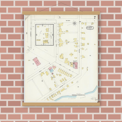 Old map wall art mockup — magnetic wood frame on brick wall — Sanborn Fire Insurance Map from Franklin, Venango County, Pennsylvania (1896), Sheet #0007