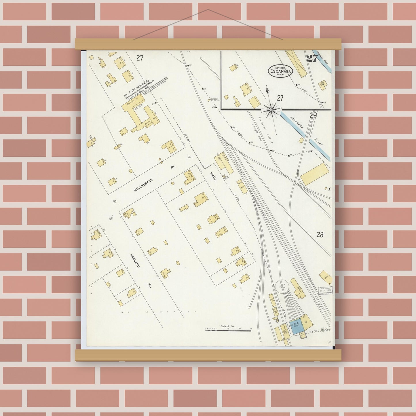 Old map wall art mockup — magnetic wood frame on brick wall — Sanborn Fire Insurance Map from Escanaba, Delta County, Michigan (1906), Sheet #0027