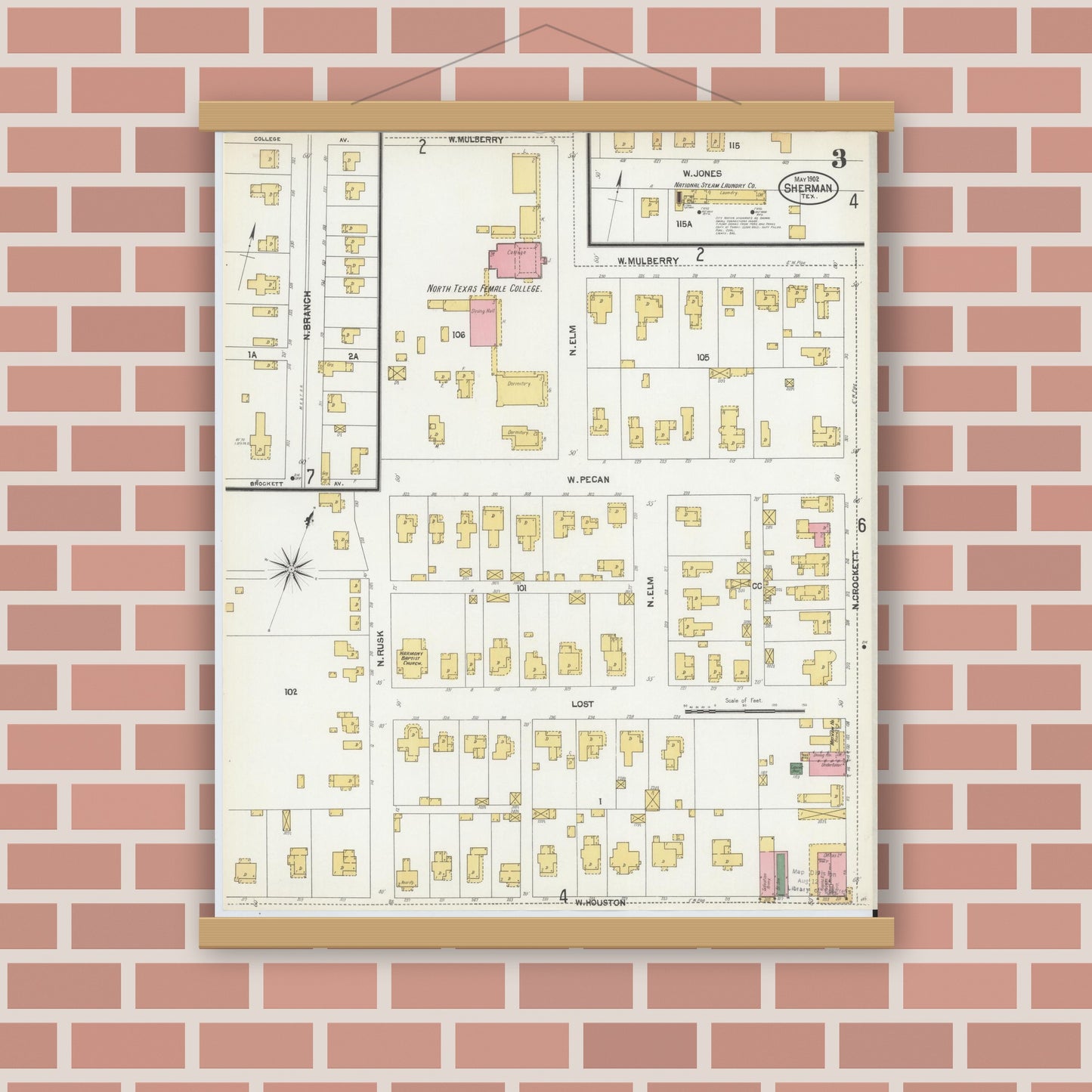 Old map wall art mockup — magnetic wood frame on brick wall — Sanborn Fire Insurance Map from Sherman, Grayson County, Texas (1902), Sheet #0003