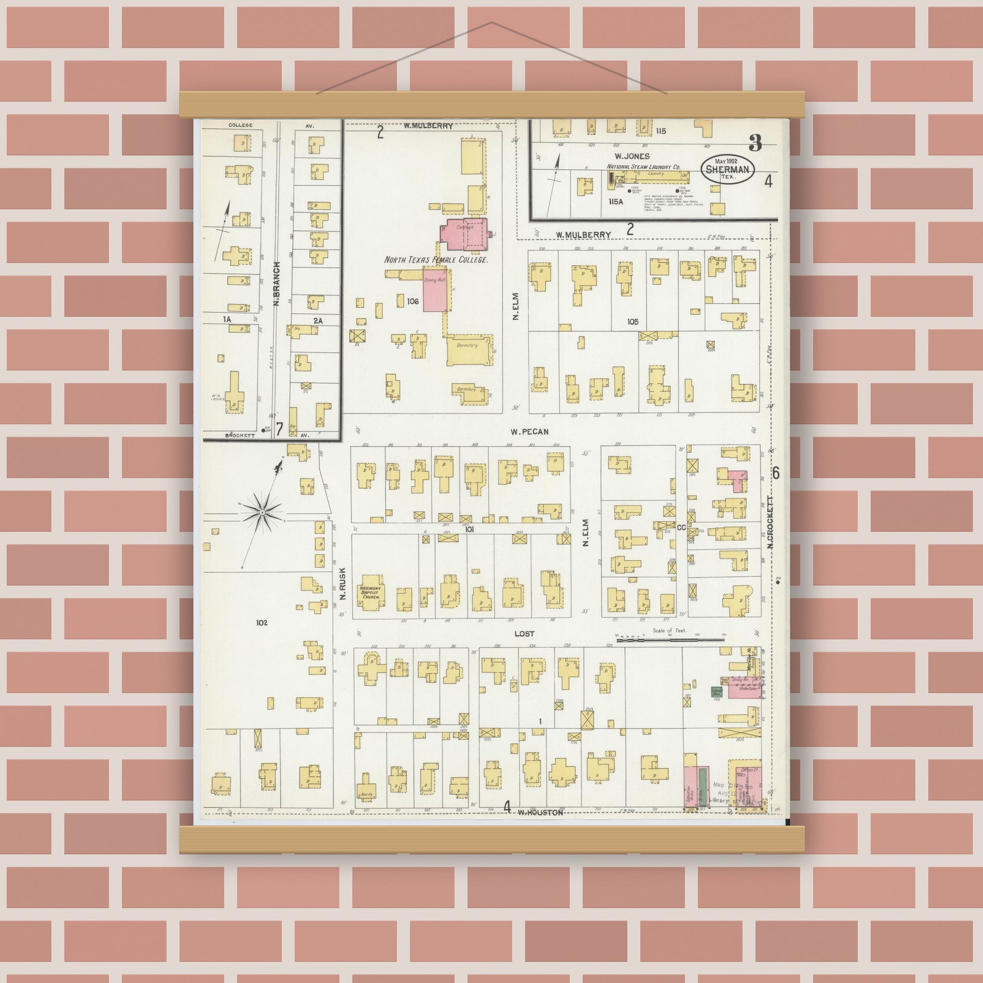 Old map wall art mockup — magnetic wood frame on brick wall — Sanborn Fire Insurance Map from Sherman, Grayson County, Texas (1902), Sheet #0003