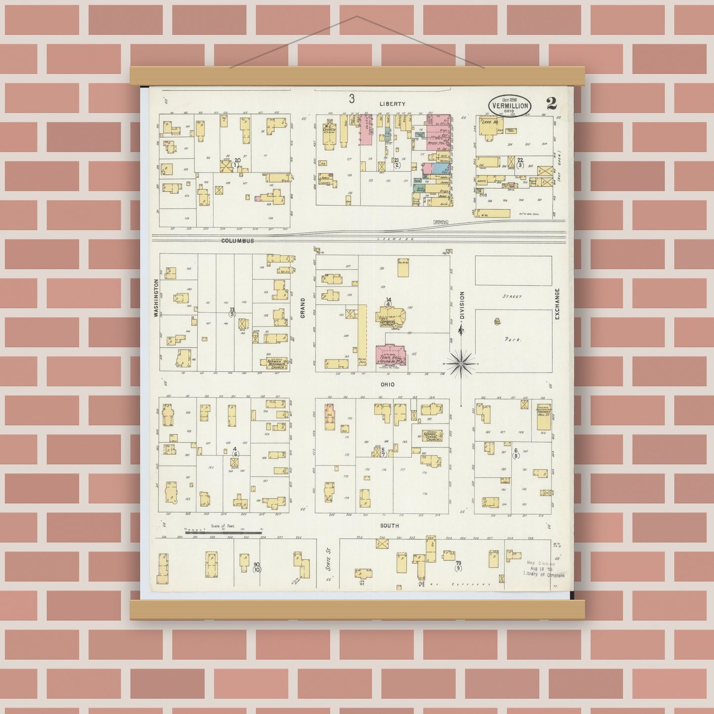 Old map wall art mockup — magnetic wood frame on brick wall — Sanborn Fire Insurance Map from Vermillion, Erie County, Ohio (1898), Sheet #0002